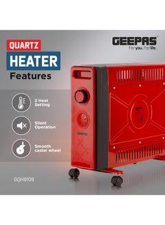GEEPAS Quartz Heater with 2 Heat Settings | Two Tubes Heating Element 750W/1500W | Silent Operation | 4 Wheels for Easy Movement | Safety Switch| 2 Years Warranty 1500 W GQH9109 Cream/Orange  - Image 2