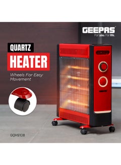 GEEPAS Quartz Heater 2 Heat Settings | Adjustable  Power 1100W / 2200W| Power Indicator Light | 4 Tube Quartz Heater | Wheels For Easy Movement, Safety Switch | 2 Years Warranty 2200 W GQH9108 Red  - Image 3
