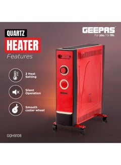 GEEPAS Quartz Heater 2 Heat Settings | Adjustable  Power 1100W / 2200W| Power Indicator Light | 4 Tube Quartz Heater | Wheels For Easy Movement, Safety Switch | 2 Years Warranty 2200 W GQH9108 Red  - Image 1