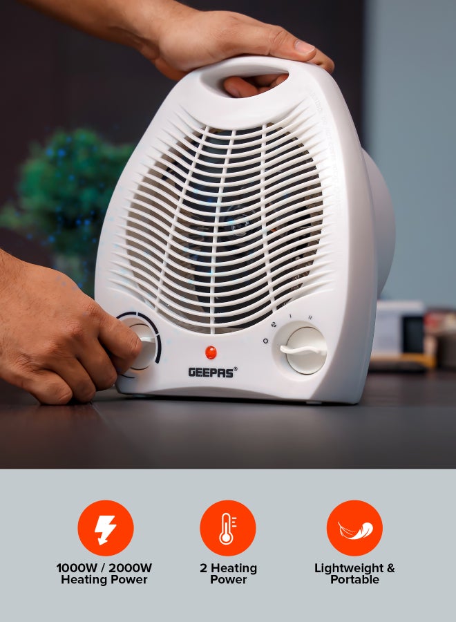 GEEPAS Fan Heater 2 Heating Power 1000W/2000W | Instant Heating, Adjustable Thermostat | Overheat Protection | Power Light Indicator | Carry Handle| 2 Years Warranty 2000 W GFH9518 White  - Image 2