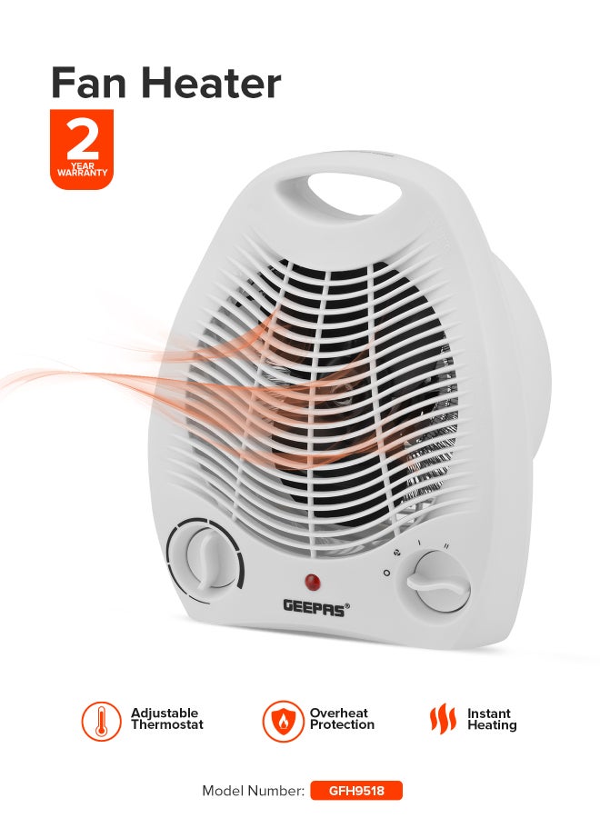 GEEPAS Fan Heater 2 Heating Power 1000W/2000W | Instant Heating, Adjustable Thermostat | Overheat Protection | Power Light Indicator | Carry Handle| 2 Years Warranty 2000 W GFH9518 White 