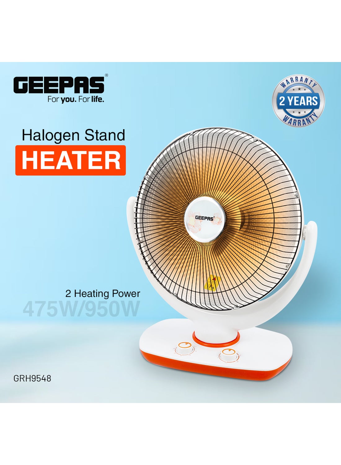 GEEPAS Halogen Stand Heater With Heating Power 950 W GRH9548 White/Orange 