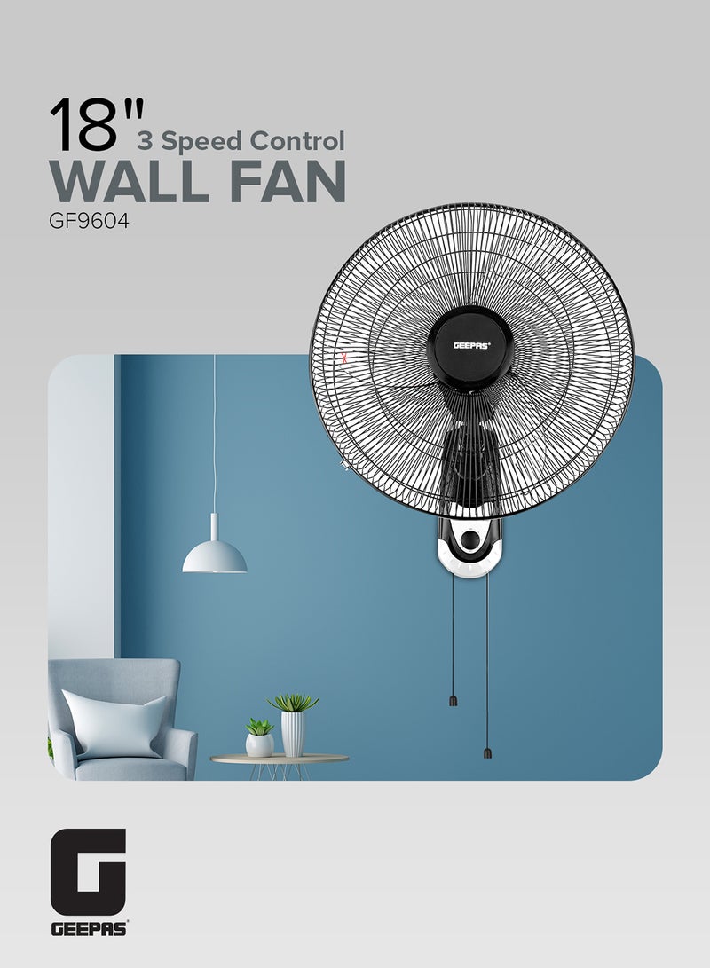 GEEPAS 18-Inch Wall Fan - 3 Speed with Oscillating & Overheat protected Wall Mount Cooling Fan| Circulates Fresh Air, 3 Leaf AS Blades, Safe & Easy Use, Fully Adjustable Tilt , for Home, Green House, Work Room or Office Use GF9604 Black  - Image 1