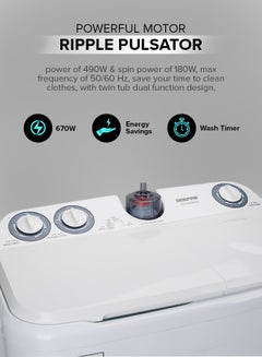 GEEPAS Twin Tub Semi-Automatic Washing Machine| High Back Control Panel and Semi-Automatic Top Load Washing Machine, Ripple Pulsator| Highly Effecient with Classic Design 400 W GSWM6468 White  - Image 3