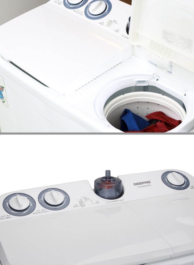 GEEPAS - Twin Tub Semi-Automatic Washing Machine| High Back Control Panel and Semi-Automatic Top Load Washing Machine, Ripple Pulsator| Highly Effecient with Classic Design 400 W GSWM6468 White 400 W GSWM6468 White - Image 1