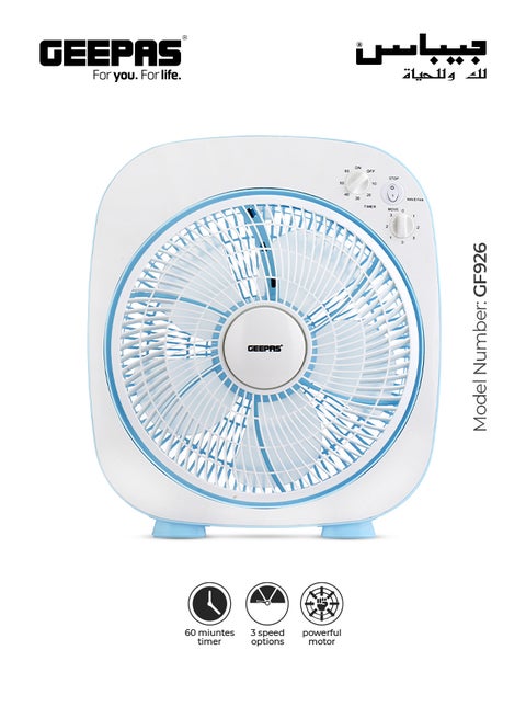 12 Inch High Performance Box Fan With 3-speed Controls and 5 Leaf Blades, Adjustable Pitch Angle and Timer for Efficient Cooling GF926 Blue/White