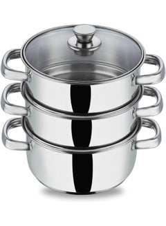 Vinod Stainless Steel 3 Tier/Momo/Modak Maker/Vegetable Steamer with Glass Lid & Riveted Handles (Induction and Gas Stove Friendly),SAS Bottom,2.5mm Thick Base Silver 20cm