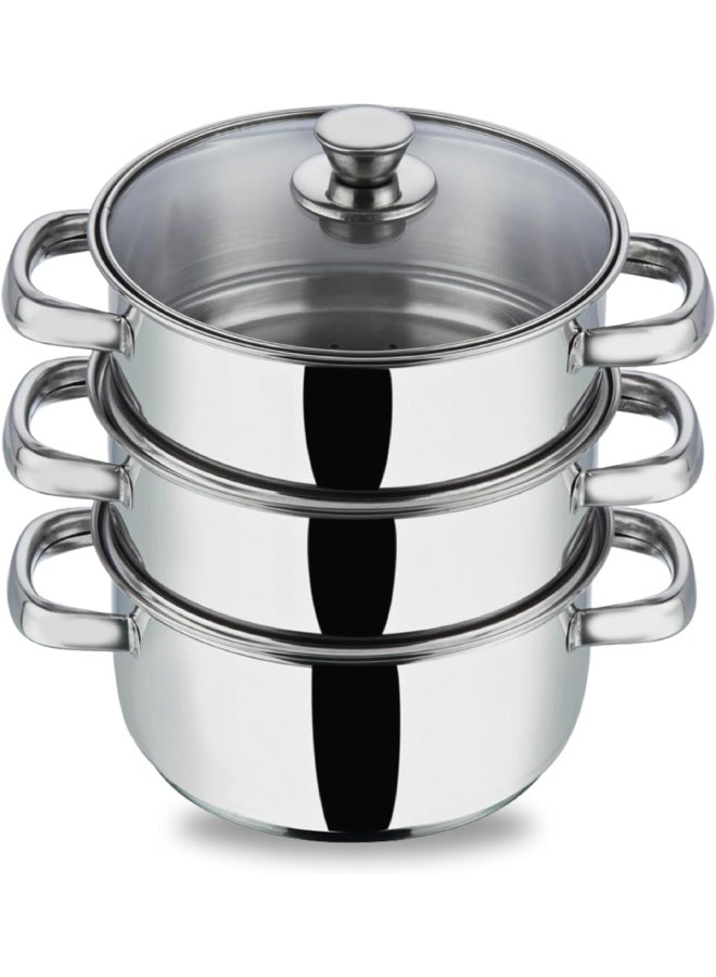 VINOD - Vinod Stainless Steel 3 Tier/Momo/Modak Maker/Vegetable Steamer with Glass Lid & Riveted Handles (Induction and Gas Stove Friendly),SAS Bottom,2.5mm Thick Base Silver 20cm - Image 1