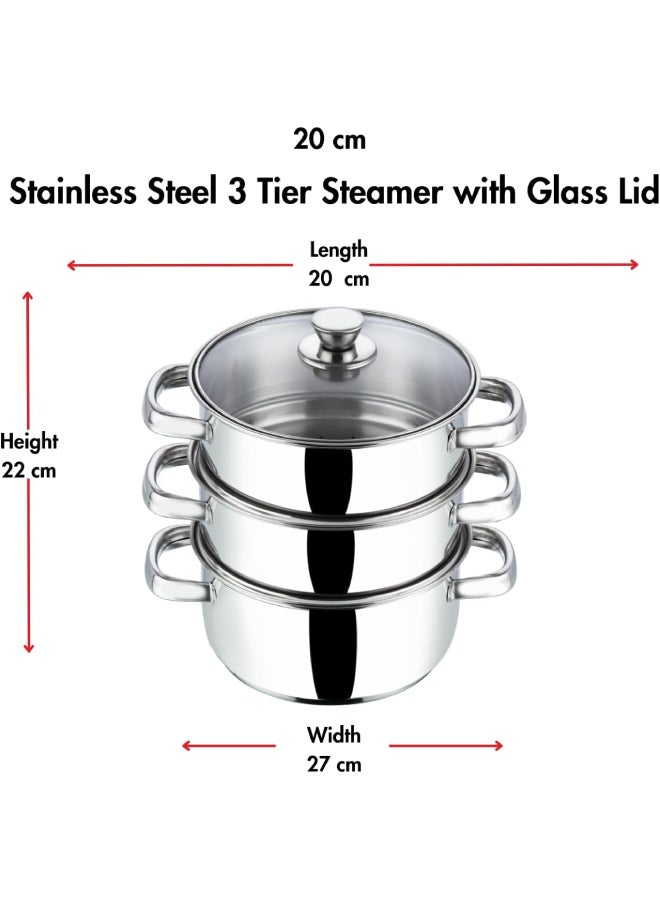 VINOD - Vinod Stainless Steel 3 Tier/Momo/Modak Maker/Vegetable Steamer with Glass Lid & Riveted Handles (Induction and Gas Stove Friendly),SAS Bottom,2.5mm Thick Base Silver 20cm - Image 1