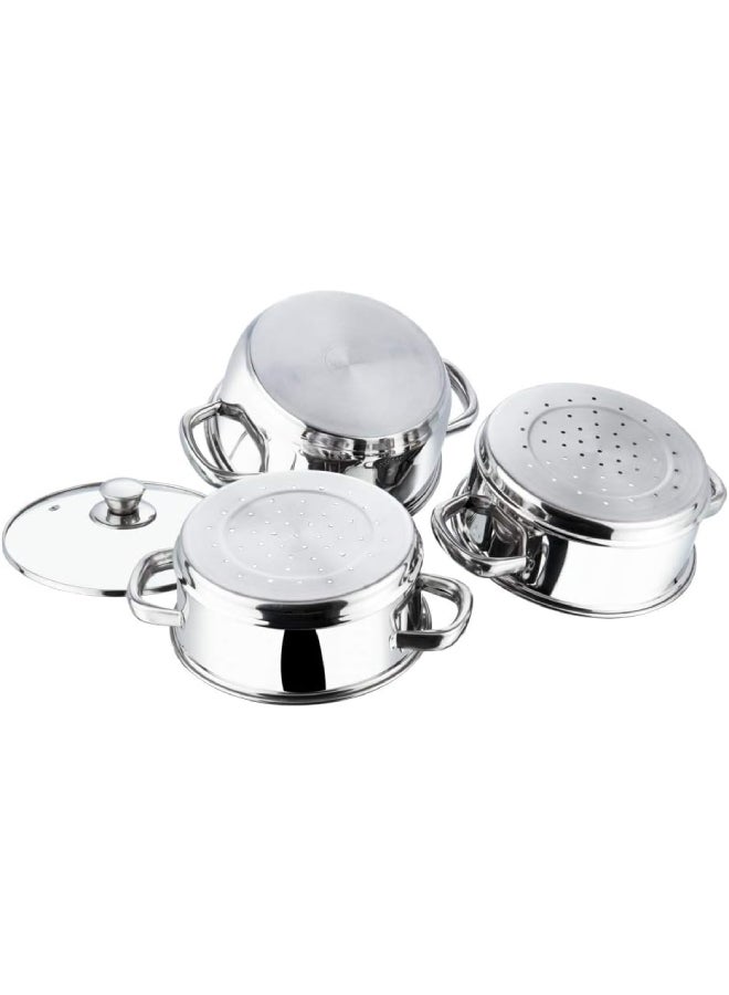 VINOD - Vinod Stainless Steel 3 Tier/Momo/Modak Maker/Vegetable Steamer with Glass Lid & Riveted Handles (Induction and Gas Stove Friendly),SAS Bottom,2.5mm Thick Base Silver 20cm - Image 1