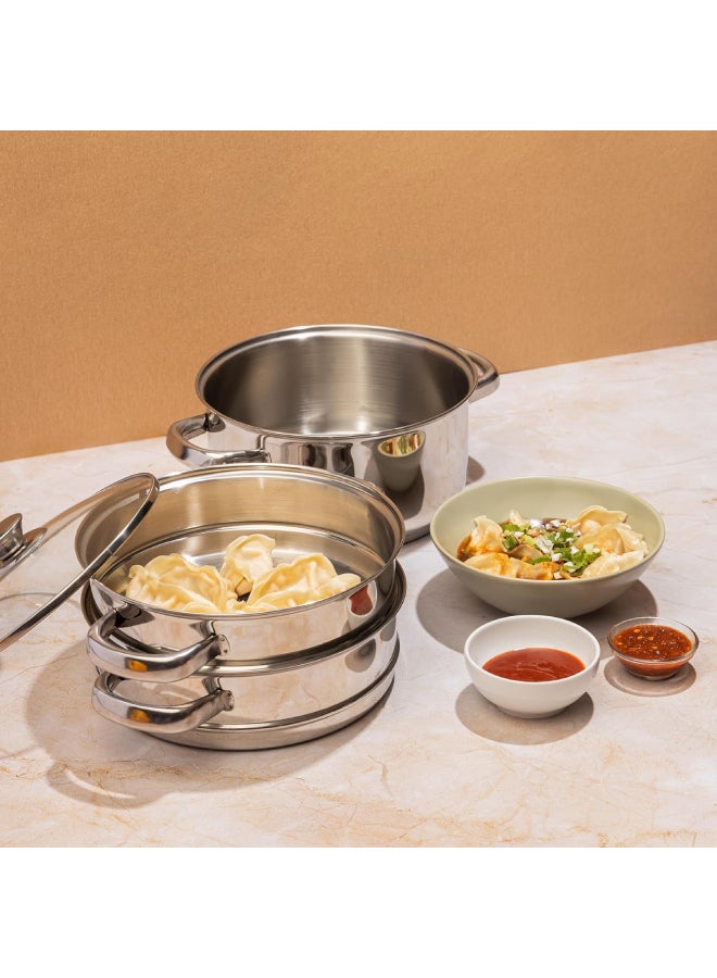 VINOD - Vinod Stainless Steel 3 Tier/Momo/Modak Maker/Vegetable Steamer with Glass Lid & Riveted Handles (Induction and Gas Stove Friendly),SAS Bottom,2.5mm Thick Base Silver 20cm - Image 1