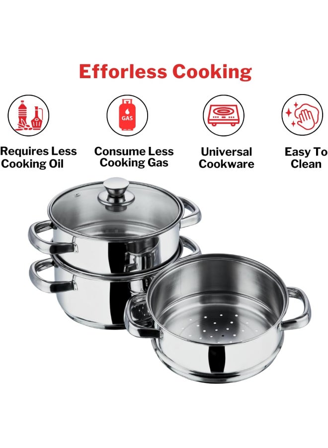 VINOD - Vinod Stainless Steel 3 Tier/Momo/Modak Maker/Vegetable Steamer with Glass Lid & Riveted Handles (Induction and Gas Stove Friendly),SAS Bottom,2.5mm Thick Base Silver 20cm - Image 1