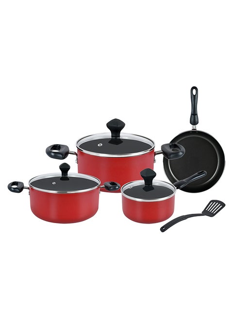 8-Piece Non Stick Value Pack Cooking Set-Durable-stain proof Includes 1xSaucepan With Glass Lid 14cm, 1xCasserole With Glass Lid 18 Cm, 1xCasserole With Glass Lid 24cm, 1xFrypan 24cm, 1xTurner Red/Black Red/Black