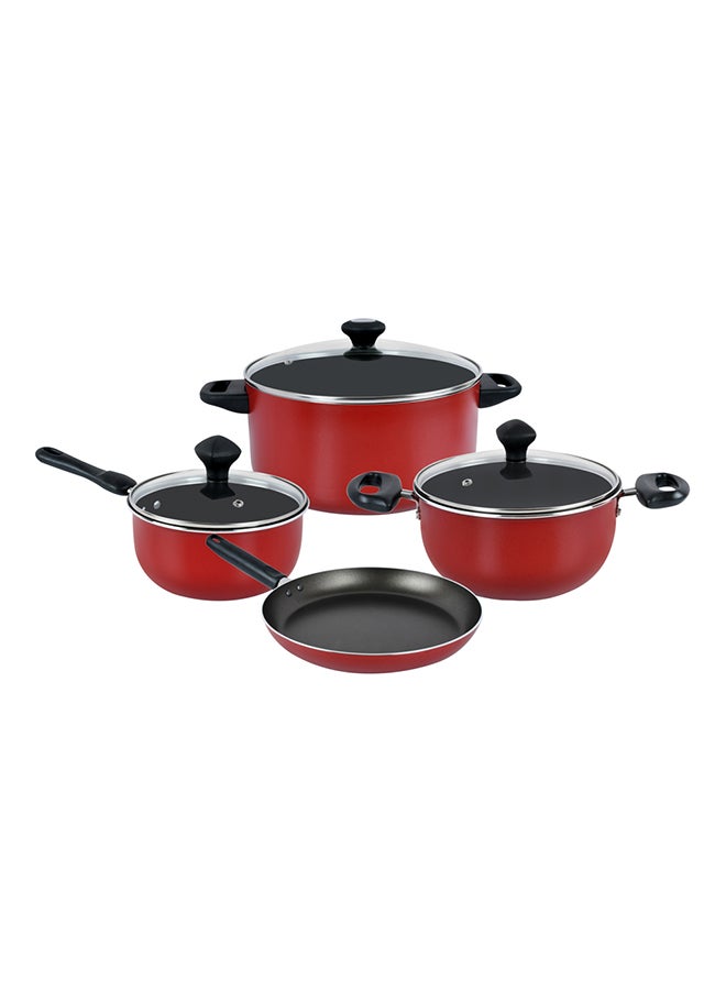 Prestige 7-Piece Non-Stick Cast Aluminium Cookware Set Includes 1x Sauce Pan With Lid, 1x Small Casserole With Lid ,1x Large Casserole With Lid, 1x Fry Pan Red/Black 16,20,24,24cm - Image 1