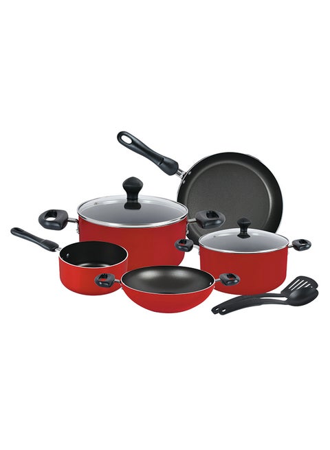 9-Piece Aluminium Non-Stick Coating Durable Design Non-Slip Ergonomic Handle Kitchen Cookware Set Includes 1xMilk Pan 14 cm, 1xCasserole With Lid 20 cm, 1xCovered With Lid, 1xSkillet 24 cm, 1xWok 26 cm, 1xSolid Spoon And 1xSlotted Turner Red