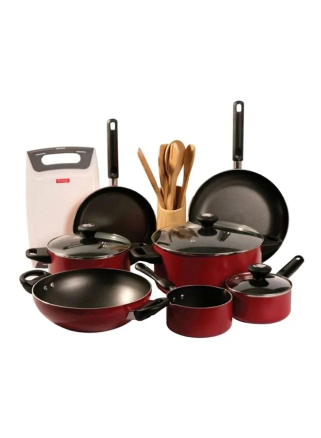 Prestige 16-Piece Classique Pro Aluminium Non Stick Interior Durable & Light Weight Cookware Set Includes 24cm Casserole With Glass Lid, 28cm Casserole With Glass Lid, 18cm Sauce Pan With Glass Lid, 14cm Milk Pan, 24cm Fry Pan, 28cm Fry Pan, 28cm Wok, Spoon, Tongs, Holder, Spatula, Turners, Spoon, Cutting Board