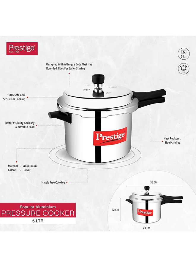 Prestige Popular Aluminium Pressure Cooker with Thick Alpha Base and Sturdy Handles Silver 5Liters
