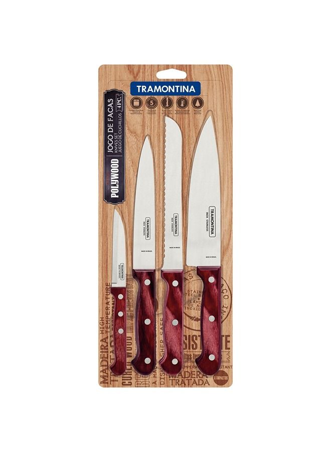 TRAMONTINA - Polywood 4 Pieces Knife Set with Stainless Steel Blade and Red Treated Wood Handle Red - Image 1