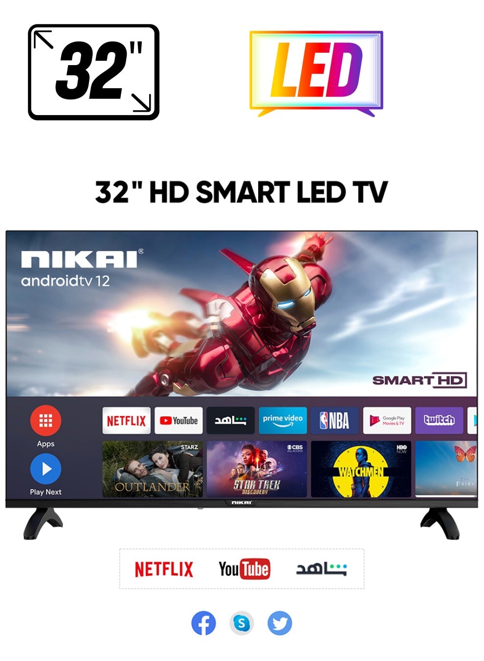 NIKAI 32 Inch Smart LED TV | HD 1366 x 768 Resolution | Android TV with Wi-Fi & DLNA | Quad-Core Processor | 16W Speaker Power | 2x HDMI, 2x USB | Netflix, YouTube, Shahid NTV3200SLED Black 