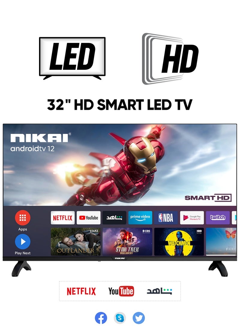 NIKAI 32 Inch Smart LED TV | HD 1366 x 768 Resolution | Android TV with Wi-Fi & DLNA | Quad-Core Processor | 16W Speaker Power | 2x HDMI, 2x USB | Netflix, YouTube, Shahid NTV3200SLED Black  - Image 1