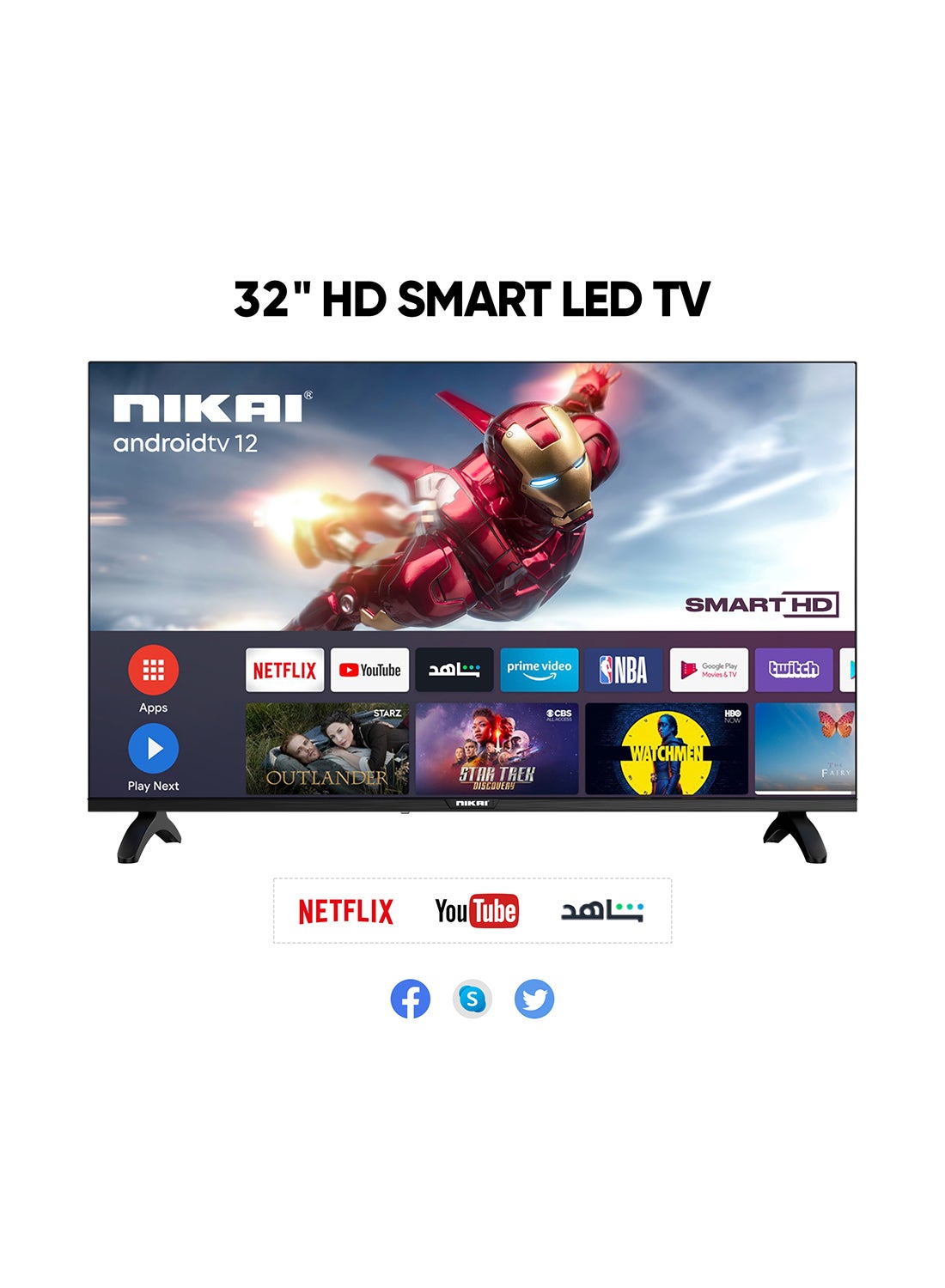 32 Inch Smart LED TV | HD 1366 x 768 Resolution | Android TV with Wi-Fi & DLNA | Quad-Core Processor | 16W Speaker Power | 2x HDMI, 2x USB | Netflix, YouTube, Shahid | 60Hz | Model Year 2018 | NTV3200SLED / NTV3200SLED4 Black