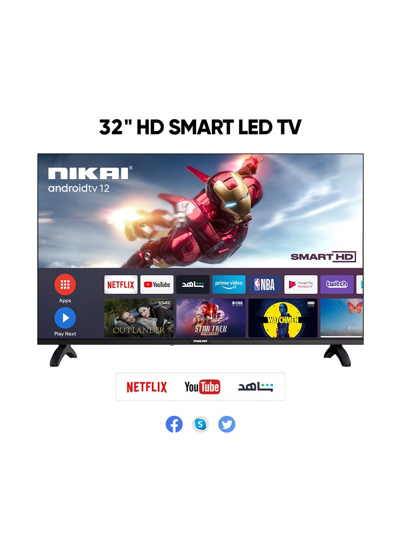 NIKAI 32 Inch Smart LED TV | HD 1366 x 768 Resolution | Android TV with Wi-Fi & DLNA | Quad-Core Processor | 16W Speaker Power | 2x HDMI, 2x USB | Netflix, YouTube, Shahid | 60Hz | Model Year 2018 | NTV3200SLED / NTV3200SLED4 Black - Image 1