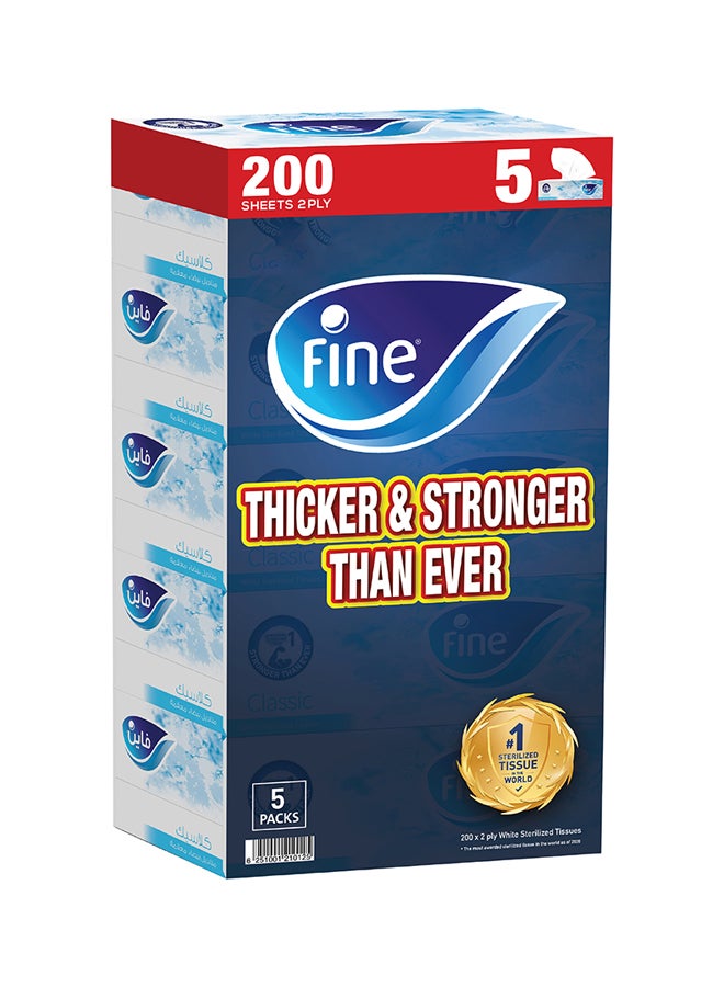 Fine Facial Tissue Boxes, 2 Ply, 5 Piece, 200 Sheets White  - Image 1