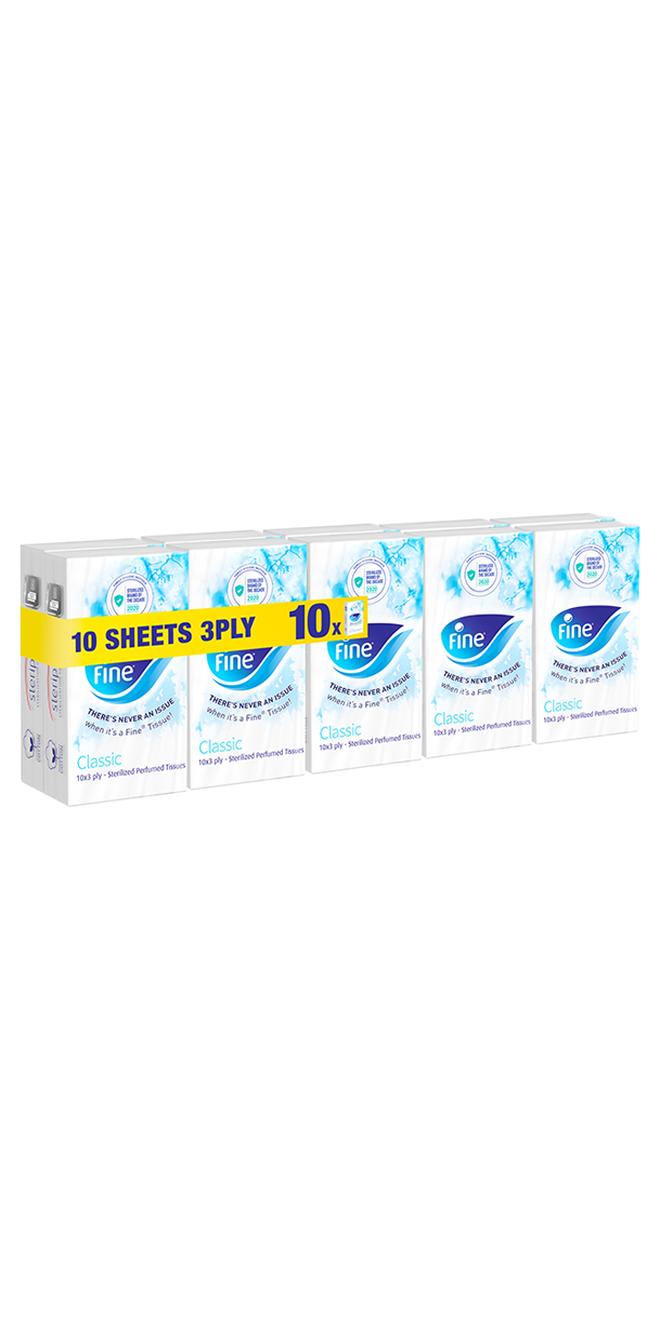 Fine Classic Pocket 3 Ply Facial 10 Tissues Pack Of 10 White - Image 1