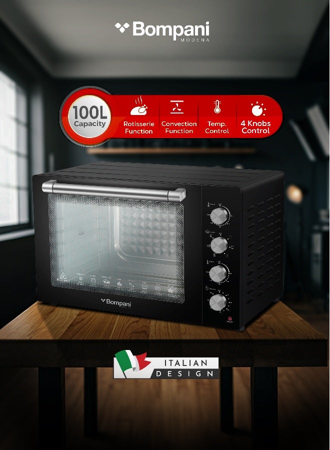 Bompani 100L Electric Oven 2800W Adjustable Thermostat & Timer, Convection, Lamp & Rotisserie, Double Glass Door, 4 Control Knobs, Straight & M-Shape Heating Elements 100 L 2800 W BEO120 Black - Image 1