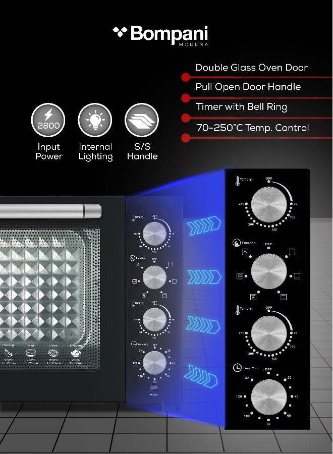 Bompani 100L Electric Oven 2800W Adjustable Thermostat & Timer, Convection, Lamp & Rotisserie, Double Glass Door, 4 Control Knobs, Straight & M-Shape Heating Elements 100 L 2800 W BEO120 Black - Image 4