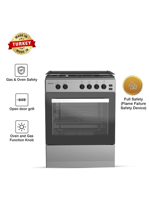 60x55cm 4 Burner FreestAnding Gas Cooker With FFD, Double Glass Oven, Button Ignition, Turnspit, Tray And Grid, Stylish SS Top, Inox Grey Body, Ideal For Home And Kitchen Made in Turkey U6062FS Silver