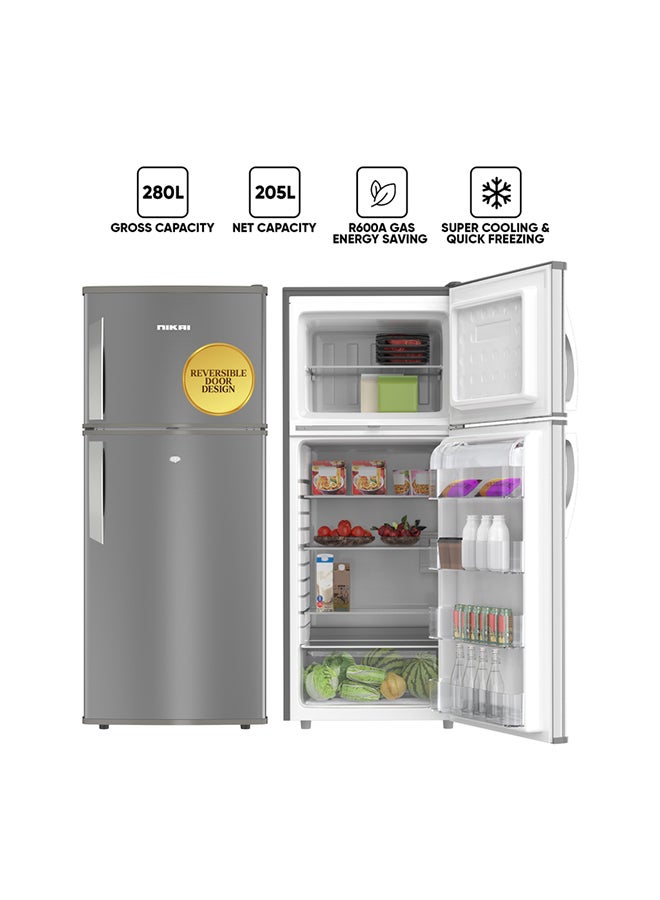 NIKAI - 280L Gross / 205 Net, Double Door Top Mount Refrigerator, 2 Glass Shelves And Bottle Storage Racks, Power Saving R600A Gas, CFC Free, Silent Operation Best For Home, Office With Child Lock Key 574 kW NRF280DN5S Grey - Image 1