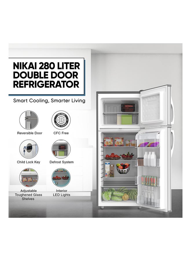 NIKAI - 280L Gross / 205 Net, Double Door Top Mount Refrigerator, 2 Glass Shelves And Bottle Storage Racks, Power Saving R600A Gas, CFC Free, Silent Operation Best For Home, Office With Child Lock Key 574 kW NRF280DN5S Grey - Image 1
