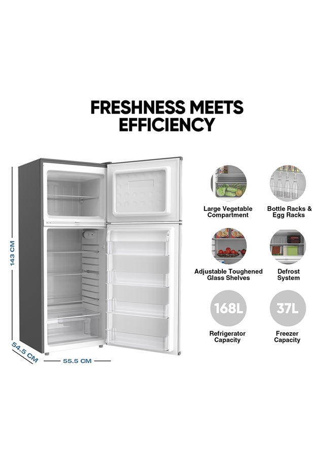 NIKAI - 280L Gross / 205 Net, Double Door Top Mount Refrigerator, 2 Glass Shelves And Bottle Storage Racks, Power Saving R600A Gas, CFC Free, Silent Operation Best For Home, Office With Child Lock Key 574 kW NRF280DN5S Grey - Image 1