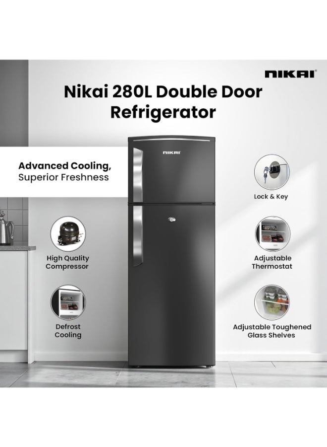 نيكاي إجمالي 280 لترًا / 205 شبكة، ثلاجة ببابين ببابين علويين، ورفين زجاجيين ورفوف لتخزين الزجاجات، وغاز R600A موفر للطاقة، وخالي من مركبات الكربون الكلورية فلورية، وتشغيل صامت مناسب للمنزل والمكتب مع مفتاح قفل للأطفال - Image 2