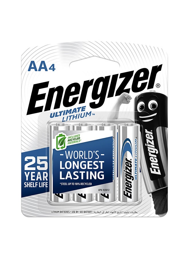 Energizer Ultimate Lithium AA Batteries Pack of 4 Silver 