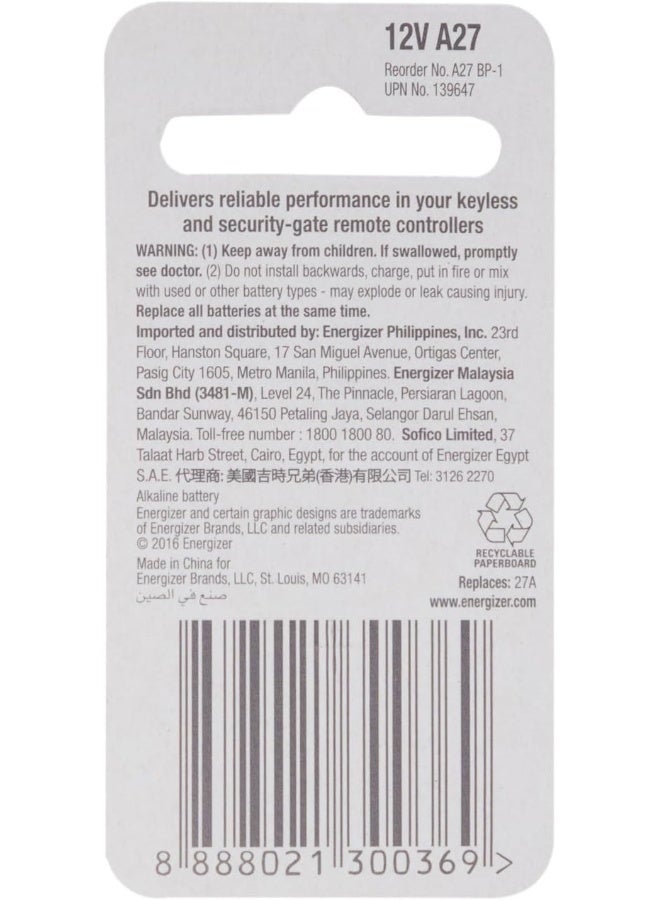 بطارية إنرجايزر A27 القلوية، قطعة واحدة - pnsku/N11083491A/45/_/1732204971/674c19f5-8625-43e8-b748-5d52af39d418