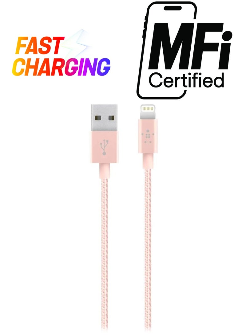 belkin Braided iPhone Charging Cable, USB A To Lightning Cable, Boost Charge To USB For iPhone, iPad, AirPods, MFi-Certified Apple Cable, 1.2 M Rose Gold  - Image 1