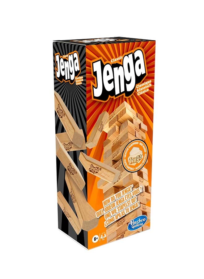HASBRO - GAMING - Classic Jenga Game - 54 Pcs Genuine Hardwood Blocks, Jenga Stacking Tower Party Game For Family And Kids Ages 6+, Fun Birthday Gift & Gift For All Occasions, 8.1x8.1x28cm 1 or More Players Players - Image 1