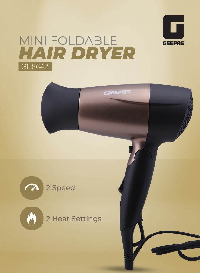 GH8642 1600W Mini Hair Dryer With Foldable Handle - 2-Speed And 2 Temperature Settings, Cool Shot Function, Ideal For All Types Of Hairs Gold/Black