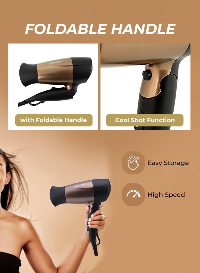 GH8642 1600W Mini Hair Dryer With Foldable Handle - 2-Speed And 2 Temperature Settings, Cool Shot Function, Ideal For All Types Of Hairs Gold/Black