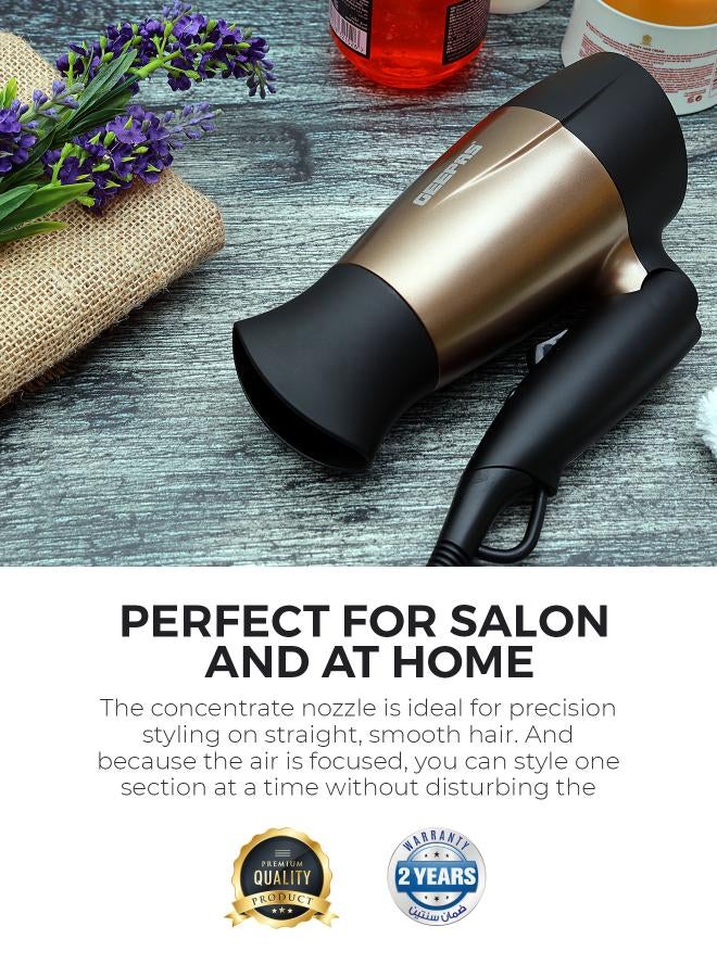 GH8642 1600W Mini Hair Dryer With Foldable Handle - 2-Speed And 2 Temperature Settings, Cool Shot Function, Ideal For All Types Of Hairs Gold/Black