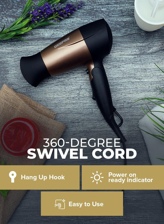 GH8642 1600W Mini Hair Dryer With Foldable Handle - 2-Speed And 2 Temperature Settings, Cool Shot Function, Ideal For All Types Of Hairs Gold/Black