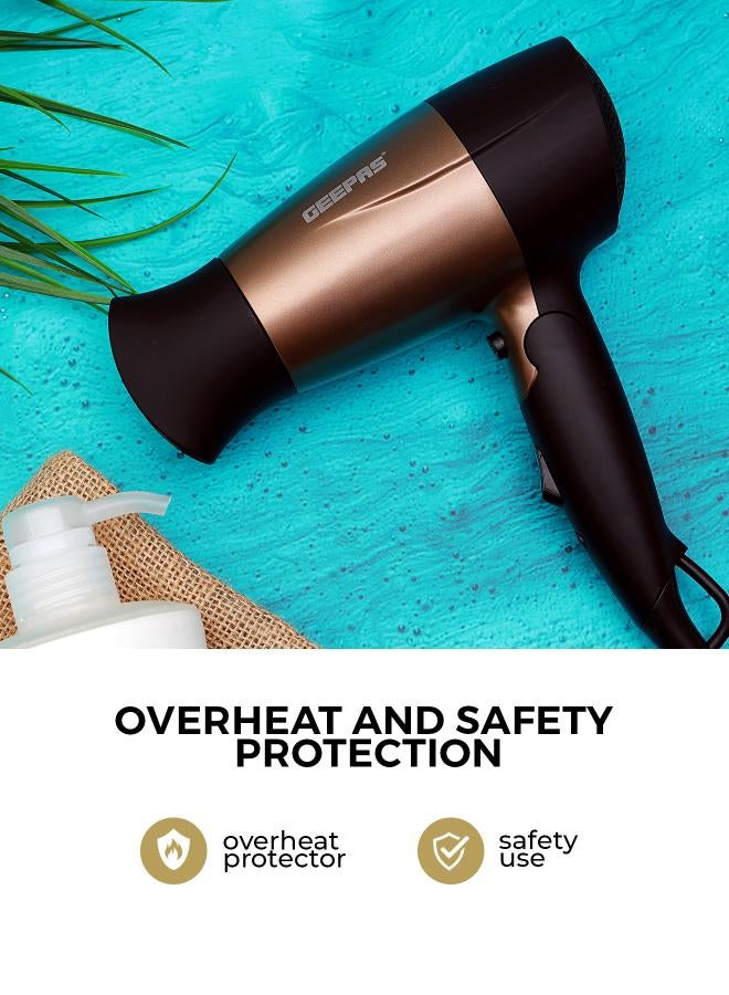 GH8642 1600W Mini Hair Dryer With Foldable Handle - 2-Speed And 2 Temperature Settings, Cool Shot Function, Ideal For All Types Of Hairs Gold/Black