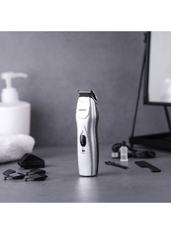 Rechargeable Hair Trimmer with High-Capacity Battery and 60 Minutes Use| Chromium Steel Blade, Perfect for Home and Saloon Styling, for Men| 5 Position Attachment Comb, Cleaning Brush, Lubrication Oil | 2 Years Warranty, GTR34H Black/Silver 350grams - pnsku/N11265706A/45/_/1733745348/3ba29c74-cb80-4f6b-8b45-56ef13f7220c