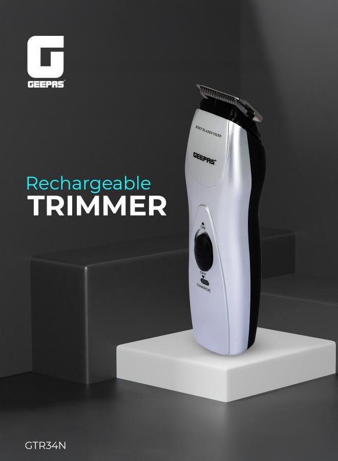 GEEPAS Rechargeable Hair Trimmer with High-Capacity Battery and 60 Minutes Use| Chromium Steel Blade, Perfect for Home and Saloon Styling, for Men| 5 Position Attachment Comb, Cleaning Brush, Lubrication Oil | 2 Years Warranty, GTR34H Black/Silver 350grams  - Image 2