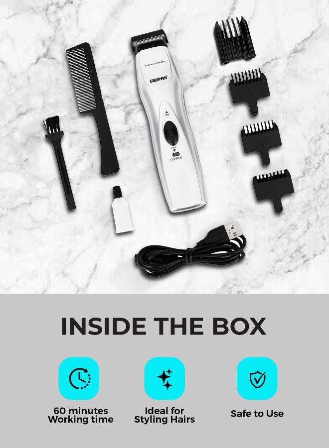 GEEPAS Rechargeable Hair Trimmer with High-Capacity Battery and 60 Minutes Use| Chromium Steel Blade, Perfect for Home and Saloon Styling, for Men| 5 Position Attachment Comb, Cleaning Brush, Lubrication Oil | 2 Years Warranty, GTR34H Black/Silver 350grams  - Image 4