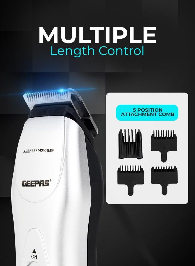 GEEPAS Rechargeable Hair Trimmer with High-Capacity Battery and 60 Minutes Use| Chromium Steel Blade, Perfect for Home and Saloon Styling, for Men| 5 Position Attachment Comb, Cleaning Brush, Lubrication Oil | 2 Years Warranty, GTR34H Black/Silver 350grams  - Image 5