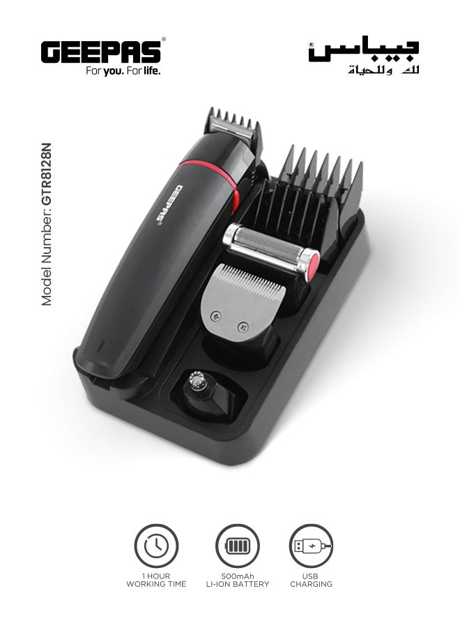 GTR8128N 7-in-1 Grooming Kit, 500mAh Li-ion Battery, Cordless Hair Clippers With Stand, LED Indicators 5 Interchangeable Heads Black 