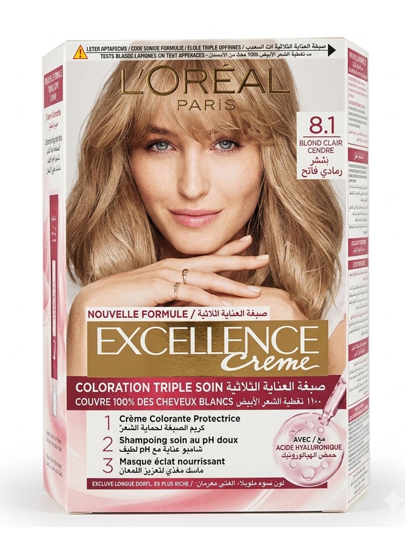 L'OREAL PARIS Excellence Crème Permanent Hair Color – 8.1 Blond Clair Cendre Blonde 72*48*12*60ml - Image 1